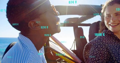 Joyful Friends on Coastal Road Trip with Crypto Elements