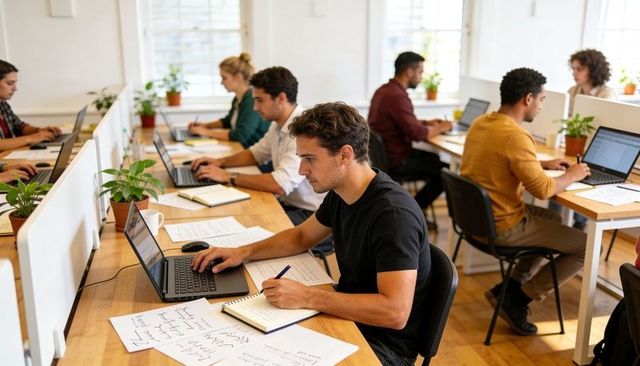 Focused professional writing notes at open-plan coworking desk with laptop and plants