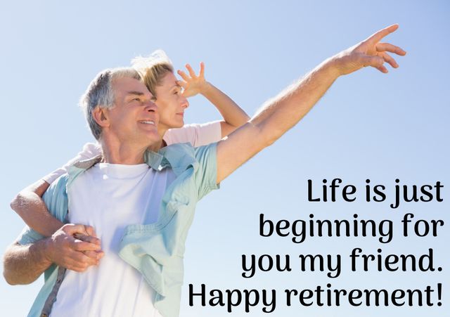 Senior couple cheerfully celebrating retirement outside on a sunny day. They are full of joy and optimism, embracing their happy future together. Perfect for retirement congratulations cards, articles about new beginnings in later life, senior lifestyle promotions, and inspirational content on celebrating life's milestones.