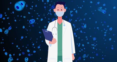 Animated Doctor Wearing Mask Amid Digital Cells Background