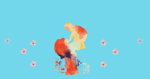 Abstract mother and baby with flowers over blue background