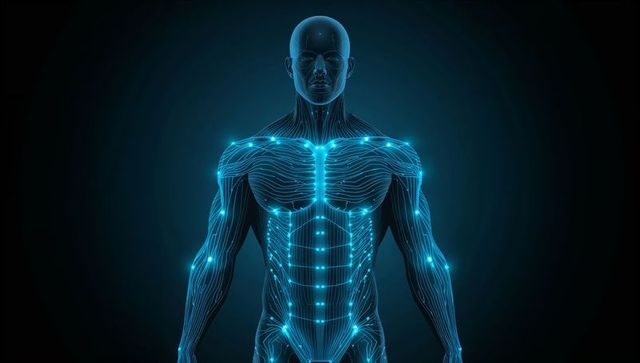 Neon human anatomy displaying glowing neural network and circuitry lines with radiant nodes