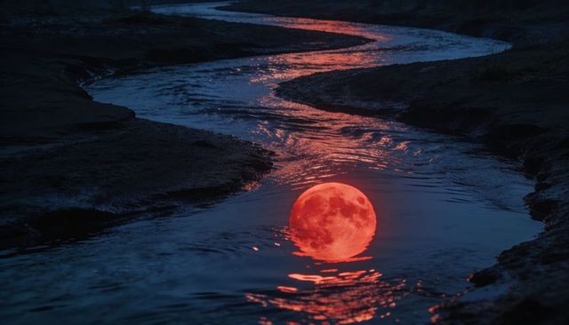 Crimson moon reflection flowing through meandering creek at dusk