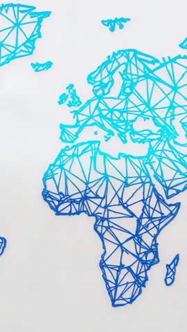 Vertical looping animation hue-shifting geometric wireframe map over Europe and Africa