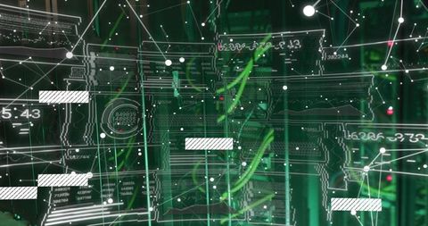 Futuristic Green Network Overlay Visualizing Data Flow Across Server Racks and Systems