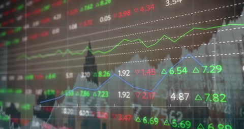 Financial Data Charts with Graph Overlay and Urban Skyline