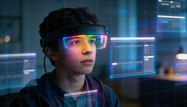 Teen using ar visor exploring holographic interface for immersive stem learning