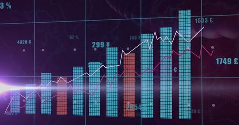 Neon Financial Dashboard with Bar and Line Charts Showing Currency Trends and Growth