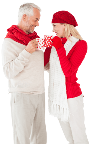 Happy Elderly Couple Holding Heart Mugs on Transparent Background