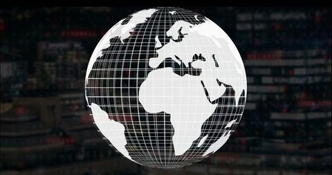 Digital Wireframe Globe Overlaying Blurred Trading Screens