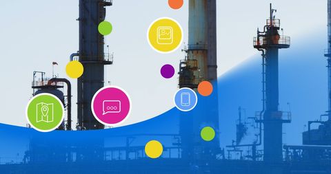 Colorful Digital Icons Overlaying Industrial Refinery Background