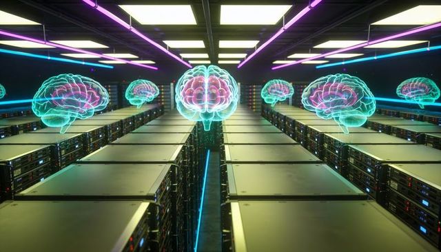 Glowing holographic brains hovering above server racks in futuristic neon data center