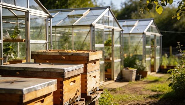 Sunlit wooden beehive stacks beside glass greenhouses with foraging honeybees in garden