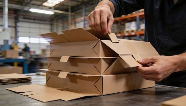Folding cardboard boxes on assembly line with worker hands in warehouse production