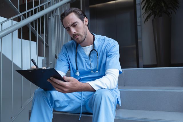 Male surgeon in blue scrubs and stethoscope sitting on hospital stairs, writing on clipboard. Useful for healthcare, medical, hospital, and professional themes. Ideal for illustrating medical documentation, healthcare professionals at work, and hospital environments.