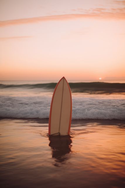 This image showcases a vintage surfboard standing upright on a sandy beach during an evening sunset. Gentle waves roll onto the shore, and the sky is painted with warm, orange hues. Perfect for illustrating surfing, beach vacations, or coastal living in travel guides, lifestyle blogs, and marketing materials.