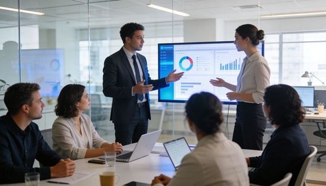 Executive team presenting data dashboard in glass meeting room, collaborating on strategy