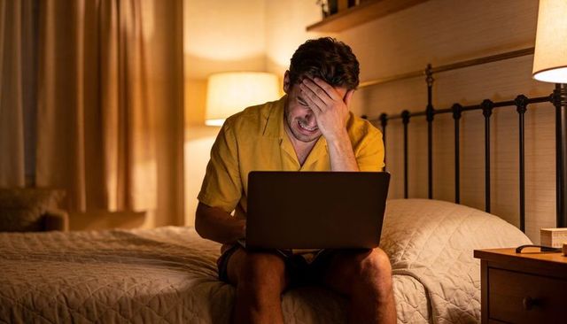 Man Sitting on Bed at Night Holding Forehead While Working Late on Laptop, Stressful Home Moment