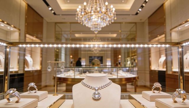 Diamond pendant necklace on cream bust in luxury boutique display with rings and chandelier