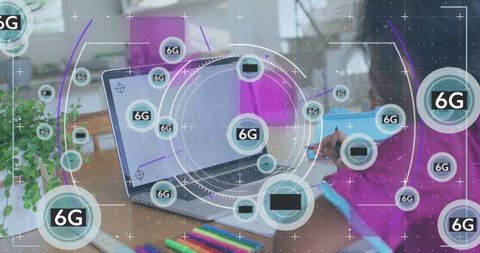 Girl Studying at Home Desk with 6G Technology Overlays