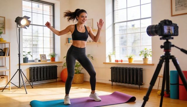 Home fitness vlogger filming energetic cardio workout on yoga mat with studio light