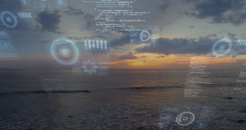 Sunset over ocean with futuristic holographic hud overlays reflecting on calm shoreline