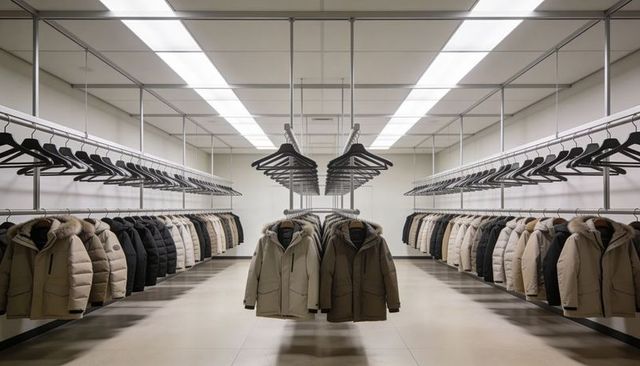 Symmetrical minimalist showroom display featuring fur-trimmed parkas in neutral tones