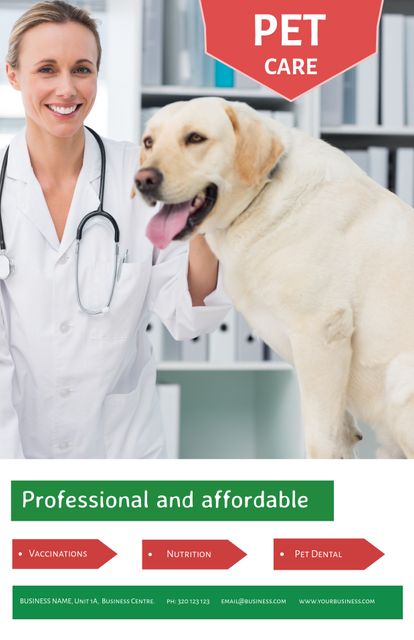 Smiling Veterinarian with Dog Promoting Professional Pet Care Services - Download Free Stock Templates Pikwizard.com