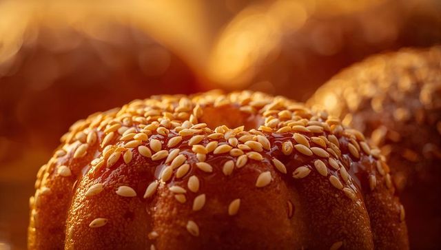 Glowing sesame seeded brioche ring gleaming with egg wash crust macro closeup