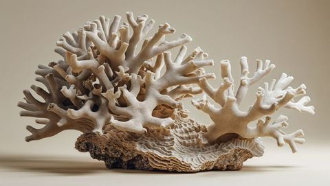 Bleached branching coral on studio tabletop with beige background
