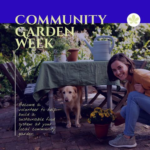 Smiling Woman Participates in Community Garden Week with Dog