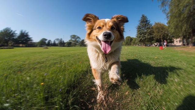 Playful brown and white dog running through sunny park