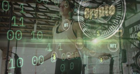 Female athlete skipping rope in industrial gym with crypto, nft and blockchain data overlay