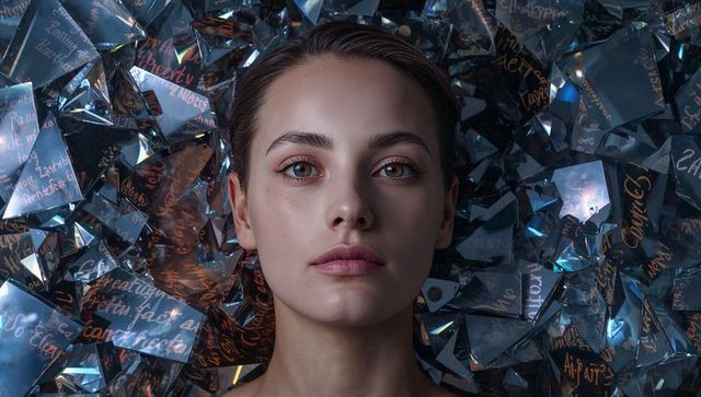 Posing woman surrounded by reflective metallic shards reflecting copper script luxury