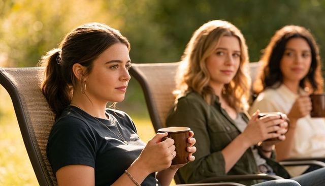 Three women relaxing at golden hour holding coffee mugs in backyard patio chairs