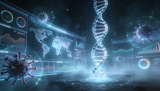 Holographic dna helix displaying coronavirus models with global data analytics dashboard