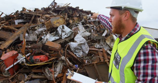 Engineer in safety vest and hard hat pointing at large pile of scrap metal with clipboard in hand. Ideal for use in articles or websites concerning recycling, waste management, environmental conservation, and industrial processes.