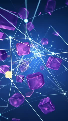 Rotating Purple Cube Network Revealing Pulsing Cyan Lines and Nodes | Futuristic Vertical Video
