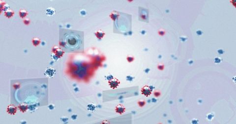 Floating red virus cluster with digital interface elements