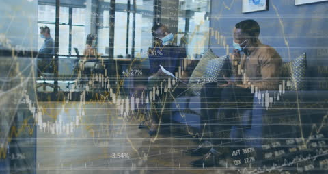 Business Professionals Analyzing Financial Data Overlaid on Office Scene