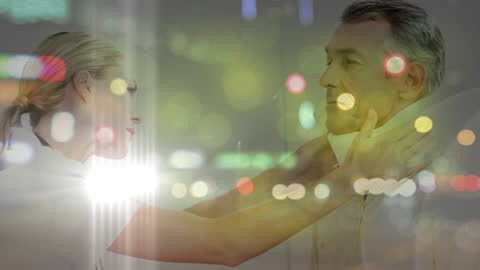 Doctor Caring for Patient Amidst Busy Metropolis