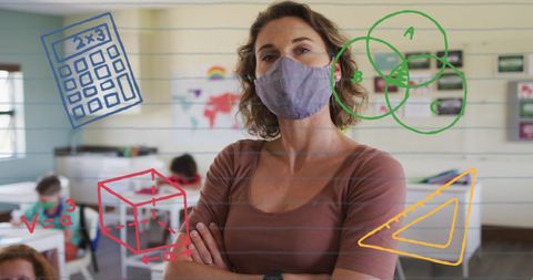 Teacher Wearing Mask with Educational Graphics in Classroom