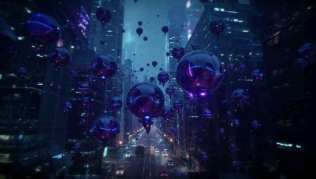 Futuristic Cyberpunk Scene with Floating Neon Spheres