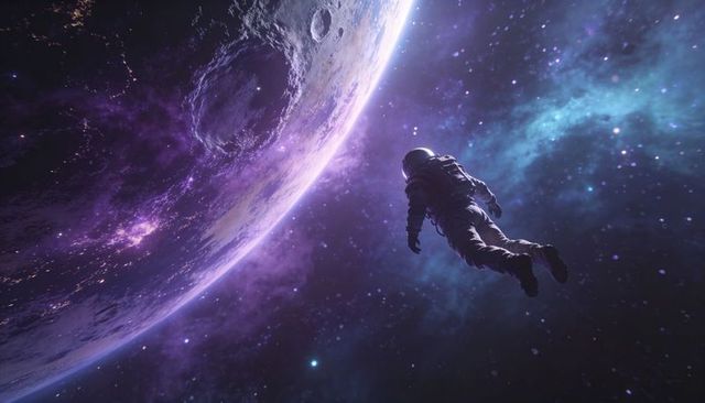 Astronaut drifting above cratered planet limb with purple nebula and distant starfield