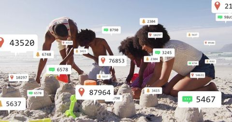 Family building sandcastles on sunny beach with social media notification overlays