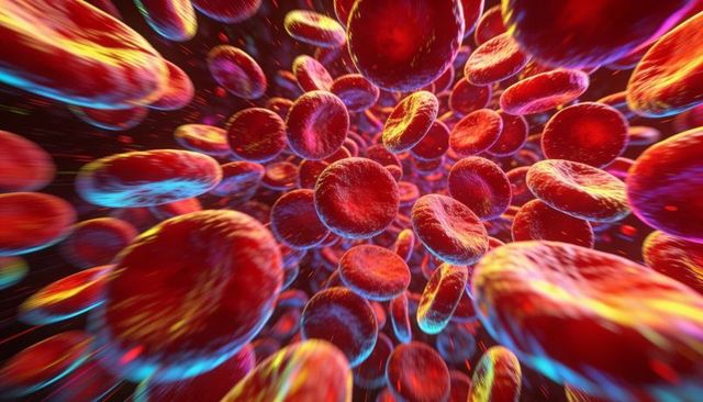 Rushing red blood cells through vessel lumen with cyan and yellow rim lighting, microscopic