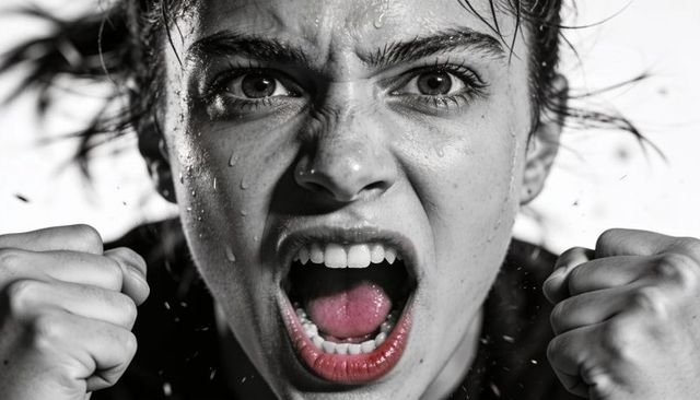 Fierce female athlete yelling and pumping fists, water droplets, intense high-contrast closeup