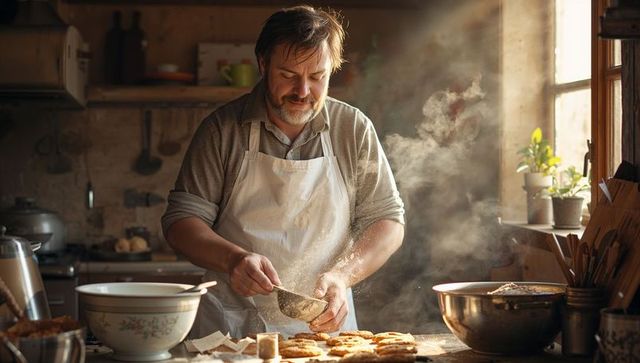 Baker dusting flour over freshly baked pastries in sunlit rustic kitchen