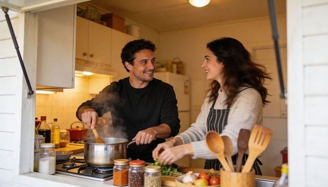 Couple cooking together in cozy kitchen stirring pot and preparing fresh ingredients