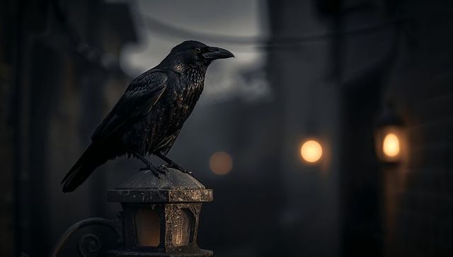 Solitary black raven on vintage lamp post in foggy night alley